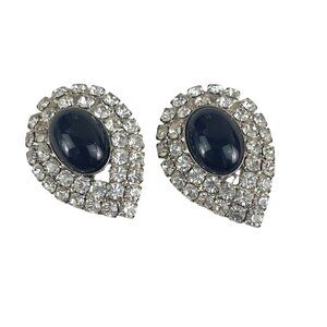 Pear-Shaped Rhinestone & Black Stone Clip-On Earrings Party Wedding Glam Jewelry